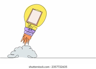 Continuous one line drawing of clipboard launching with light bulb. Checklist with results of social surveys. Creation of new project, startup strategy. Single line design vector graphic illustration
