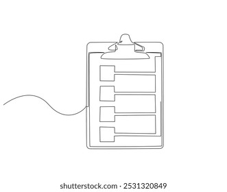 Continuous one line drawing of clipboard with checklist. One line drawing illustration of checklist on clipboard. Business, Survey, Report concept line art. Editable outline
