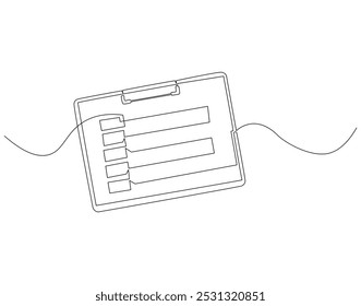 Desenho contínuo de uma linha da área de transferência com lista de verificação. Uma ilustração de desenho de linha da lista de verificação na área de transferência. Negócios, Pesquisa, Conceito de relatório, arte da linha. Estrutura de tópicos editável
