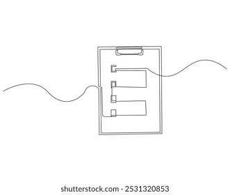 Desenho contínuo de uma linha da área de transferência com lista de verificação. Uma ilustração de desenho de linha da lista de verificação na área de transferência. Negócios, Pesquisa, Conceito de relatório, arte da linha. Estrutura de tópicos editável
