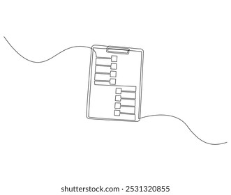 Continuous one line drawing of clipboard with checklist. One line drawing illustration of checklist on clipboard. Business, Survey, Report concept line art. Editable outline
