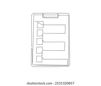 Desenho contínuo de uma linha da área de transferência com lista de verificação. Uma ilustração de desenho de linha da lista de verificação na área de transferência. Negócios, Pesquisa, Conceito de relatório, arte da linha. Estrutura de tópicos editável
