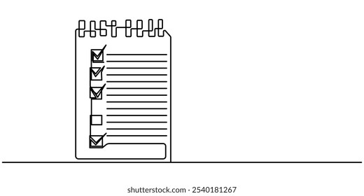 Desenho contínuo de uma linha da área de transferência com lista de verificação. Uma ilustração de desenho de linha da lista de verificação na área de transferência. Negócios, Pesquisa, Conceitos de relatório, esboço editável, Área de transferência com lista de verificação.