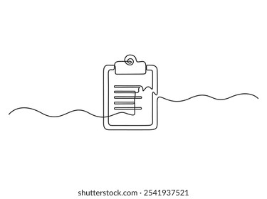 Desenho contínuo de uma linha da Área de transferência com lista de verificação e caneta. Lista de tarefas com tiques e conceito para experiência de teste e exame em estilo linear simples. Ilustração vetorial