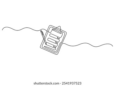 Continuous one line drawing of Clipboard with checklist and pen. To do list with ticks and concept for test expertise and exam in simple linear style. Vector illustration