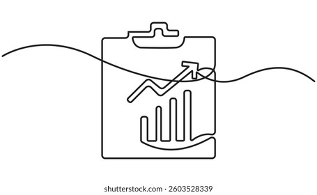 Continuous one line drawing of clipboard with statistics graph. One line drawing illustration of graph on clipboard. World statistics day concept line art. 