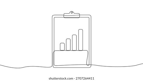 Kontinuierliche einzeilige Zeichnung einer Zwischenablage, die ein Wachstumsbalkendiagramm enthält. Bearbeitbarer schwarzer Strich auf weißem Hintergrund. Vektorgrafik.
