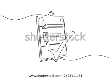 Continuous one line drawing of Clipboard with checklist. Single line drawing illustration of Clipboard. Symbol of to do list concept vector art. Doodle line illustration.