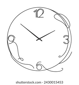 Continuous one line drawing of clock icon with doodles. Vector illustration of an abstract, unusual clock in one line style.