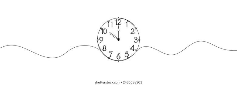 Continuous one line drawing clock icon with doodle handdrawn style. Vector illustration on white background