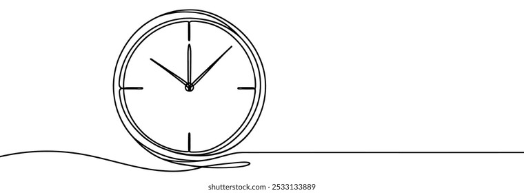 Kontinuierliche einzeilige Zeichnung der Uhr. Lineares Uhrsymbol. Eine Zeile Zeichnungshintergrund. Vektorgrafik. Linearer Hintergrund der Uhr