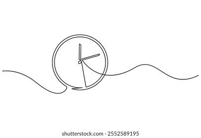 Continuous one line drawing clock icon with doodle hand drawn style. Alarm clock continuous one line drawing, Clock drawn symbol. One line art continuous icon