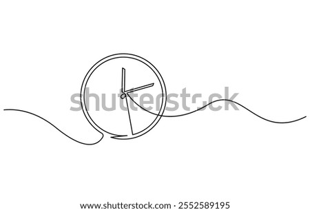 Continuous one line drawing clock icon with doodle hand drawn style. Alarm clock continuous one line drawing, Clock drawn symbol. One line art continuous icon