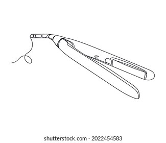 Continuous one line drawing of close up of a hair straightening iron in silhouette on a white background. Linear stylized.Minimalist.