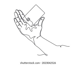 Continuous One Line Drawing Of Close Up Female Hand Holds Levitating Template Bank Credit Card In Silhouette On A White Background. Linear Stylized.Minimalist.