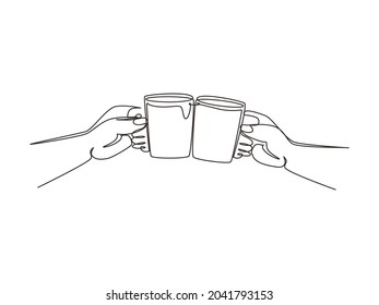 Continuous one line drawing close up cropped of woman man two hands horizontal holding cups of tea, toasting clinking. Friends leisure, healthy lifestyle. Single line draw design vector illustration