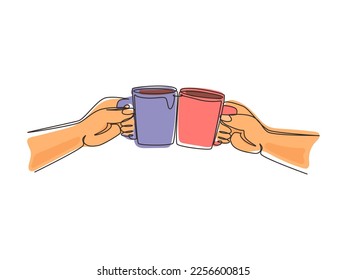 Continuous one line drawing close up cropped of woman man two hands horizontal holding cups of tea, toasting clinking. Friends leisure, healthy lifestyle. Single line draw design vector illustration