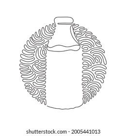 Continuous one line drawing closed glass bottle of natural milk. Bottle of fresh milk cow. Dairy product used in breakfast. Swirl curl circle background style. Single line draw design vector graphic