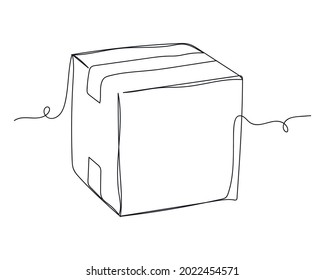 Continuous one line drawing of closed cardboard box taped up in silhouette on a white background. Linear stylized.Minimalist.