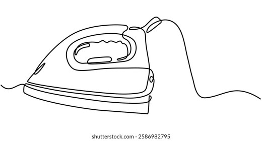 Continuous one line drawing of an clothes iron, Electric iron drawn in a continuous line in minimalism style, household appliances, household assistant, ironed linen, in one line, editable vector pro.