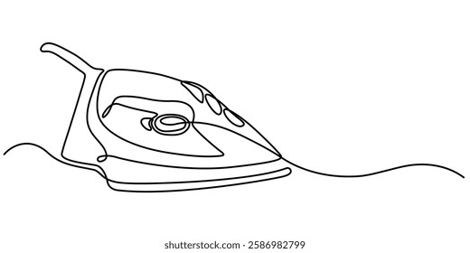 Continuous one line drawing of an clothes iron, Electric iron drawn in a continuous line in minimalism style, household appliances, household assistant, ironed linen, in one line, editable vector pro.