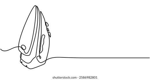 Continuous one line drawing of an clothes iron, Electric iron drawn in a continuous line in minimalism style, household appliances, household assistant, ironed linen, in one line, editable vector pro.