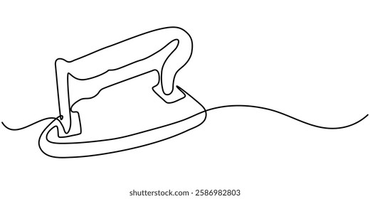 Continuous one line drawing of an clothes iron, Electric iron drawn in a continuous line in minimalism style, household appliances, household assistant, ironed linen, in one line, editable vector pro.