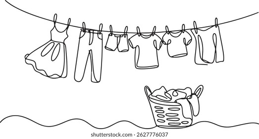 Continuous one line drawing of clothes hanging on a clothesline with a laundry basket underneath, minimalistic black linear sketch on white background

