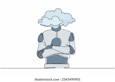 Continuous one line drawing cloud head robot. Robotic with empty head and cloud instead. Humanoid robot cybernetic organism. Future robotic development. Single line design vector graphic illustration