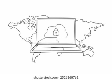 Servidor en la nube de dibujo continuo de una línea y candado en el medio de la pantalla del monitor del portátil. Copia de seguridad y recuperación de datos desde cualquier lugar. Día Mundial del Respaldo. Ilustración vectorial de diseño de dibujo de línea única