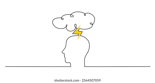 Continuous one line drawing of clouds with lightning above a man’s head. Representing stress, tension, and the weight of difficult emotions. Vector illustration.