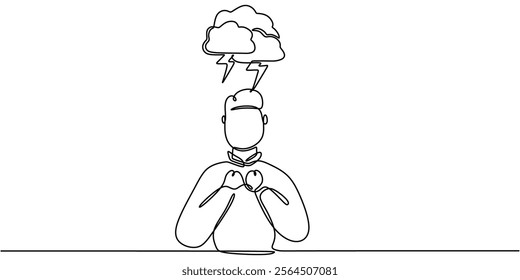 Continuous one line drawing of clouds with lightning over a man's head. Representing stress, challenges, and the weight of overwhelming thoughts. Vector illustration one line art minimalist.
