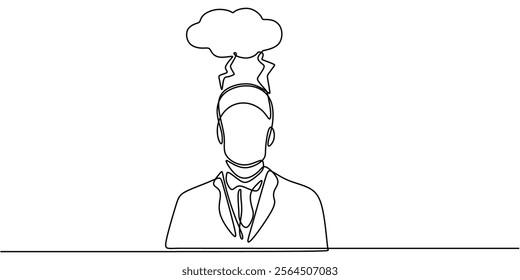Continuous one line drawing of clouds with lightning over a man's head. Highlighting anxiety, tension, and navigating emotional burdens. Vector illustration one line art minimalist.