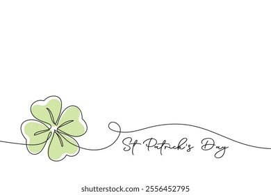 Continuous one line drawing of clover leaf. St. Patrick's Day greeting card with clover. Holiday Illustration