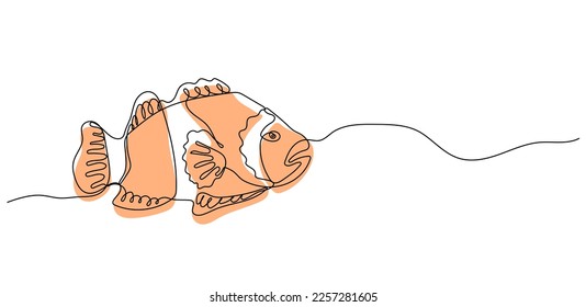 Continuous one line drawing of Clownfish. Marine dweller. Concept of sea and ocean life. Hand drawn line art. Vector illustration 