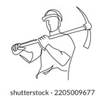 Continuous one line drawing of a coal miner in hardhat with a pickaxe on his shoulder. Strong manly man builder in uniform single line vector illustration
