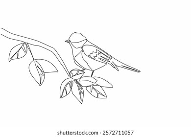 Continuous one line drawing coal tit perched on a tree branch with leaves. The very active little babbler. The songbird. International Dawn Chorus Day. Single line draw design vector illustration