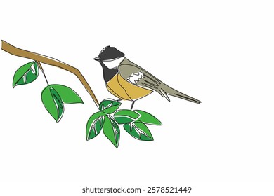 Continuous one line drawing coal tit perched on a tree branch with leaves. The very active little babbler. The songbird. International Dawn Chorus Day. Single line draw design vector illustration