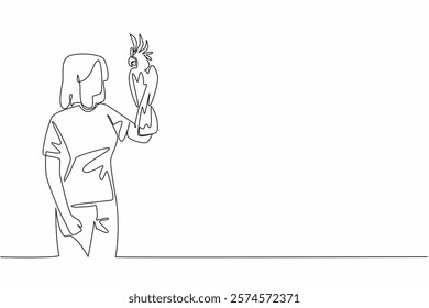 Continuous one line drawing cockatoo bird perched on hand of woman. The most famous and popular parrot because it has a crest. Pets. Woman Holding Bird. Single line draw design vector illustration