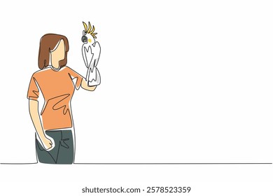 Continuous one line drawing cockatoo bird perched on hand of woman. The most famous and popular parrot because it has a crest. Pets. Woman Holding Bird. Single line draw design vector illustration