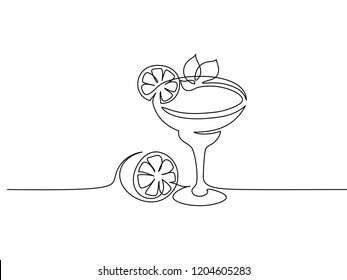 Continuous One Line Drawing. Cocktail Margarita With Lime And Mint Leaf. Vector Illustration