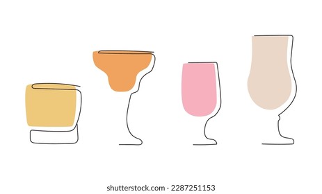 Continuous one line drawing of cocktail drinks. Vector illustration.