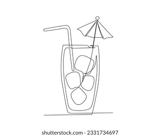 Continuous one line drawing of cocktail drink. cocktail with garnish outline design. Editable stroke.
