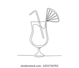 Continuous one line drawing of cocktail drink. cocktail with slice of lime outline design. Editable stroke.