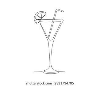 Continuous one line drawing of cocktail drink. cocktail with slice of lime outline design. Editable stroke.