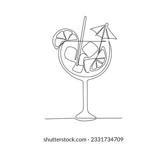 Continuous one line drawing of cocktail drink. cocktail with slice of lime outline design. Editable stroke.