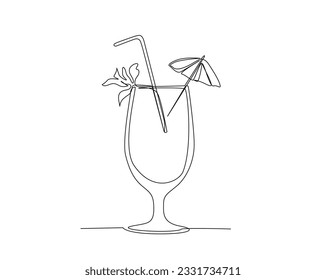 Continuous one line drawing of cocktail drink. cocktail with garnish outline design. Editable stroke.