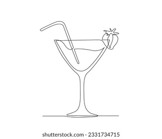 Continuous one line drawing of cocktail drink. cocktail with strawberry outline design. Editable stroke.