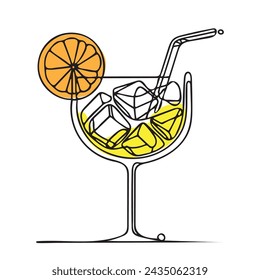 Continuous one line drawing of a cocktail drink. cocktail with a slice of lime. vector color illustration