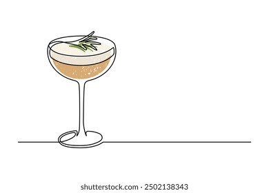 Kontinuierliche einzeilige Zeichnung von Cocktail Holunderflower Rosmarin einzeln auf weißem Hintergrund. Alkoholisches Cocktailgetränk in moderner, dünner Linie. Vektorgrafik